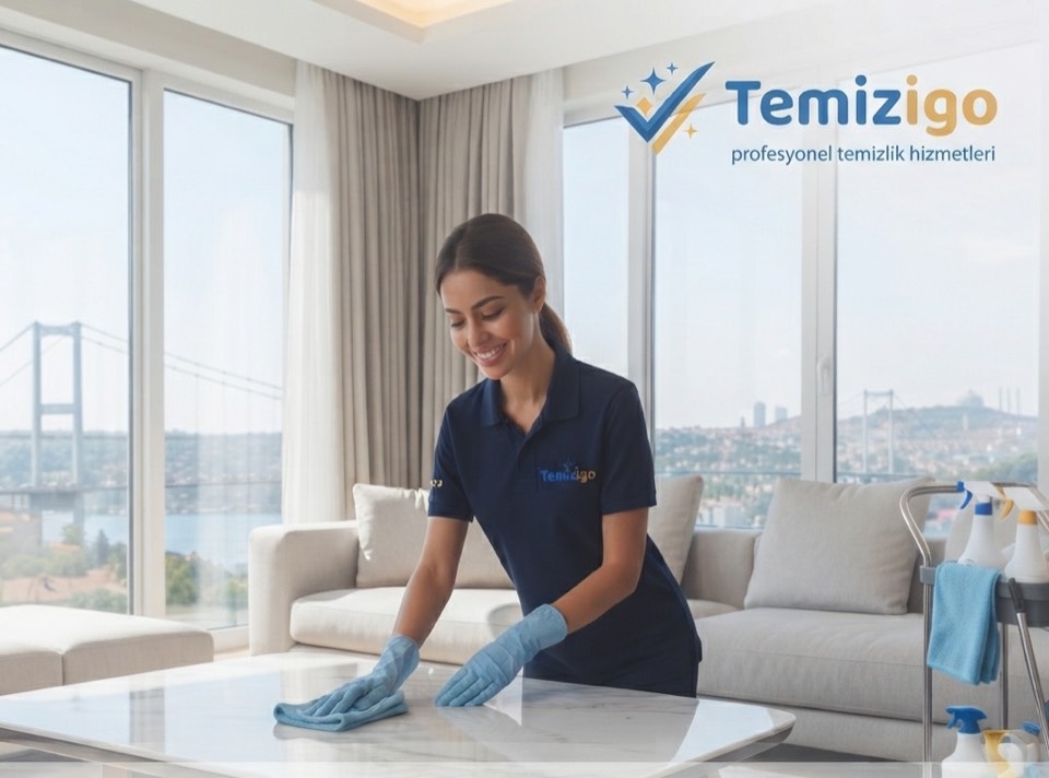 İstanbul manzaralı salonda sehpa silen Temizigo ekibi